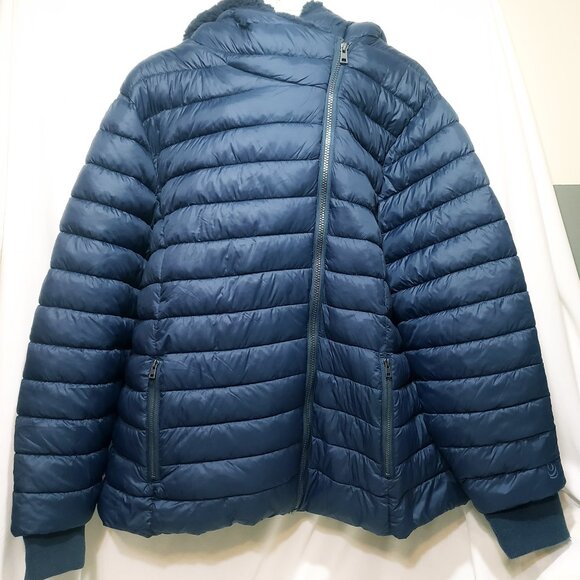 Cuddl Duds Women's Size XXL Hooded Puffer Jacket Blue New Comfy Soft Faux Fur